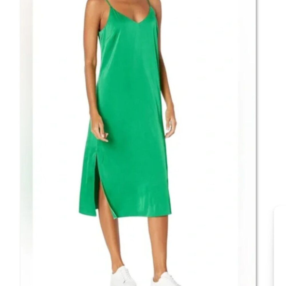 The Drop Women's Ana Silky V-Neck Midi Slip Dress - Emerald Green - L - NWT